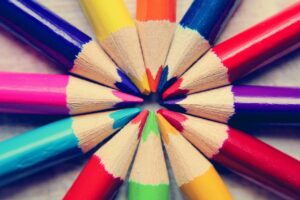 colored pencils, paint, heart